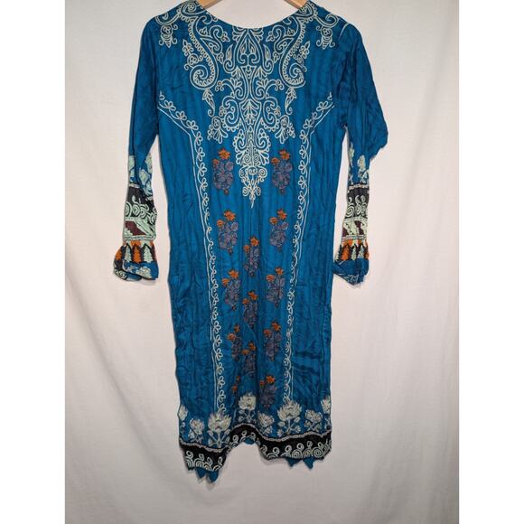 Middle Eastern Womens Patiyala Kaftan Dress Sz M Turquoise Embroidered Indian - Picture 6 of 7